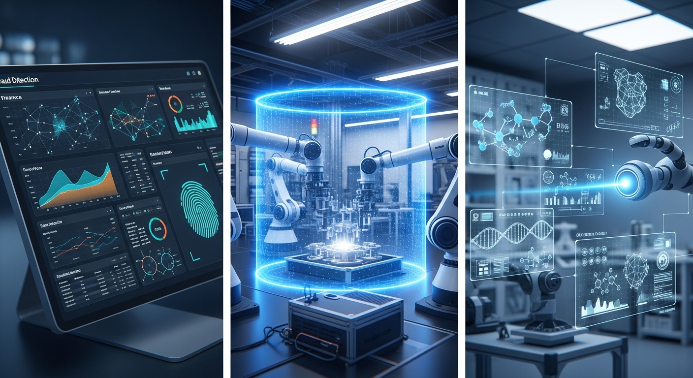 금융, 제조, 의료 산업 현장에서 AI 보안 솔루션이 적용된 모습