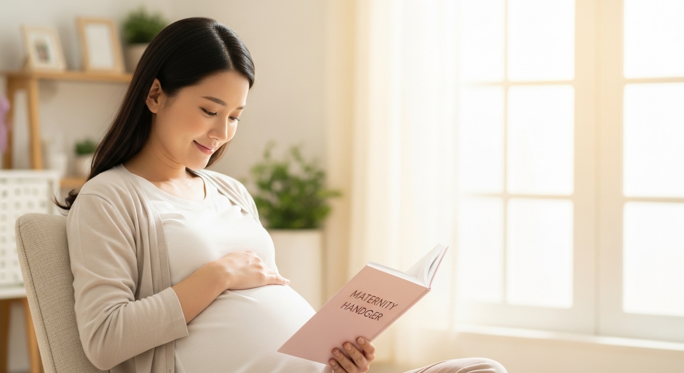 산모수첩을 들고 의자에 앉아 건강하고 평화롭게 미소 짓고 있는 임신부