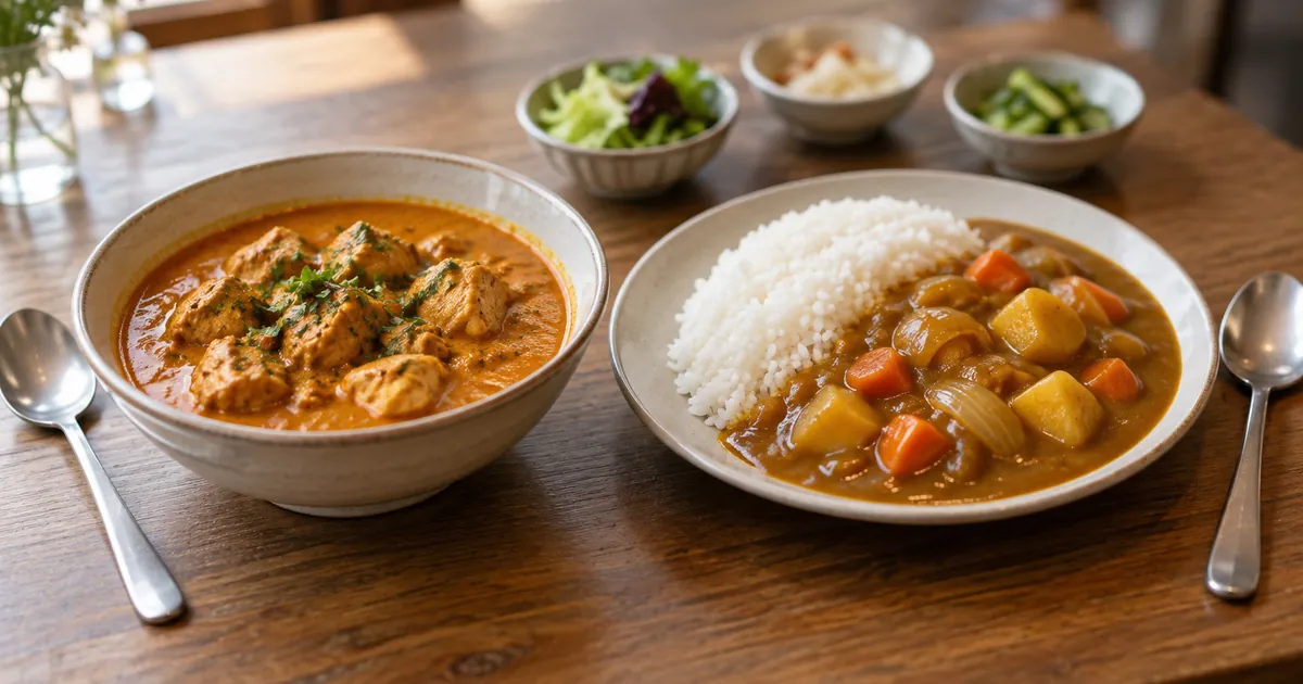 치킨커리와 카레라이스의 소스 농도와 닭고기 재료 차이를 비교한 커리 상차림