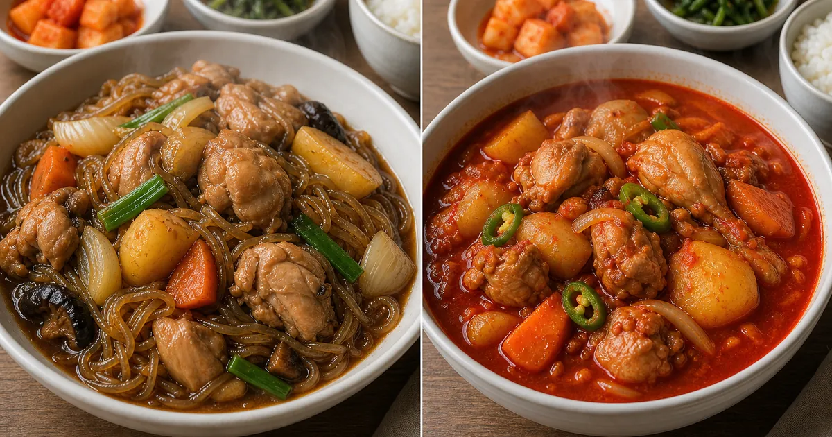 간장 양념 찜닭과 매콤한 국물 닭볶음탕을 나란히 비교한 한식 점심 상차림