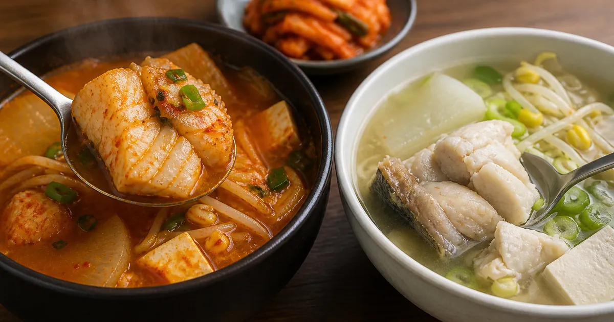 동태탕의 단단한 흰살과 대구탕의 부드러운 살결을 숟가락으로 비교한 한식 생선탕 상차림