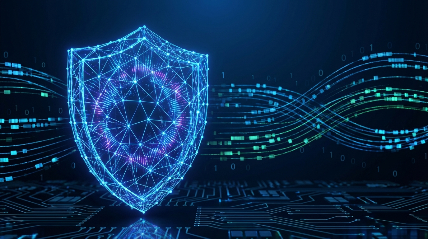 2026년 미래형 사이버보안 방패와 AI 네트워크 배경 이미지