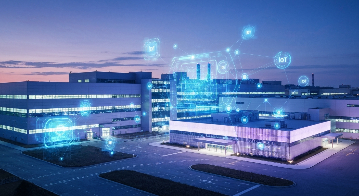 해질녘 밝은 조명과 디지털 연결 효과가 보이는 미래형 한국 공장 외부 모습, 제조 혁신과 미래 경쟁력 상징