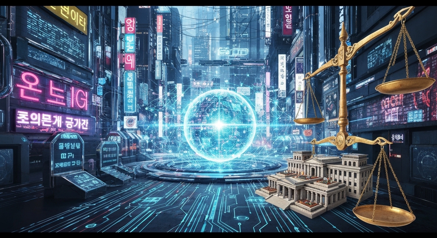 빠르게 발전하는 AGI 기술과 이에 대응하는 법과 규제의 격차를 상징하는 이미지