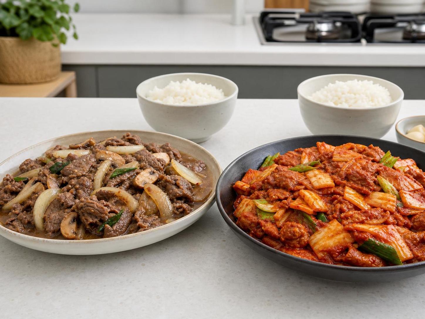 간장 불고기 팬과 매콤한 제육볶음 팬을 나란히 놓고 비교한 점심 조리 장면