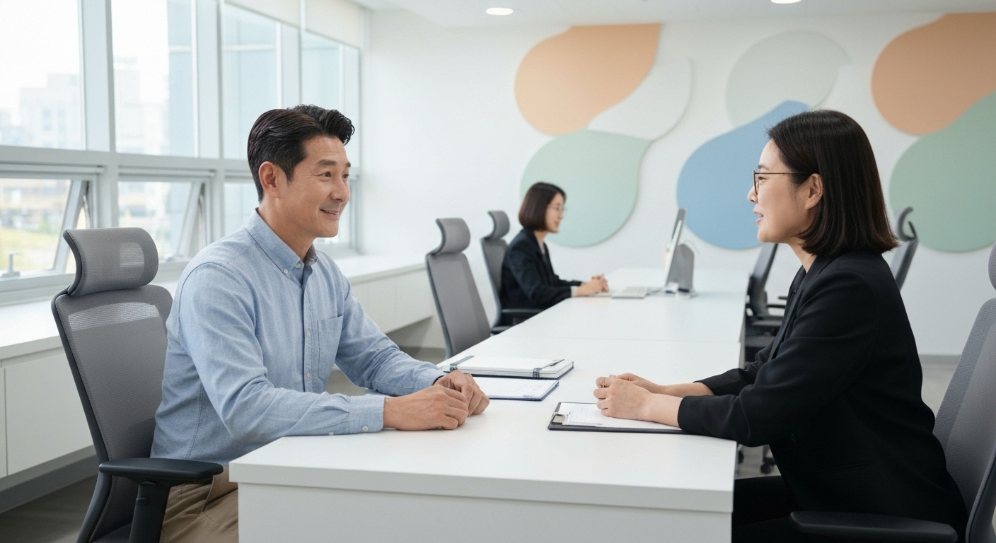 50대 취업 지원 프로그램 맞춤형 상담을 받는 한국 중장년 구직자