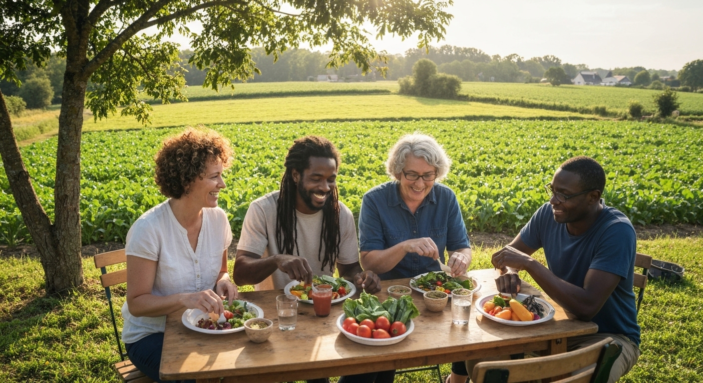 다양한 가족이 건강한 식사를 함께하며 행복해하는 모습 배경에는 푸른 농경지가 펼쳐져 있습니다.