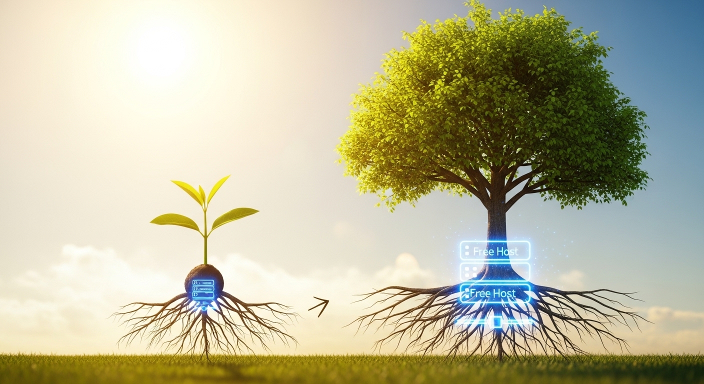 작은 묘목이 커다란 나무로 성장하는 과정을 보여주는 이미지. 묘목의 뿌리는 디지털 서버 아이콘에 연결되어 있으며, 프로젝트의 성장을 상징한다.