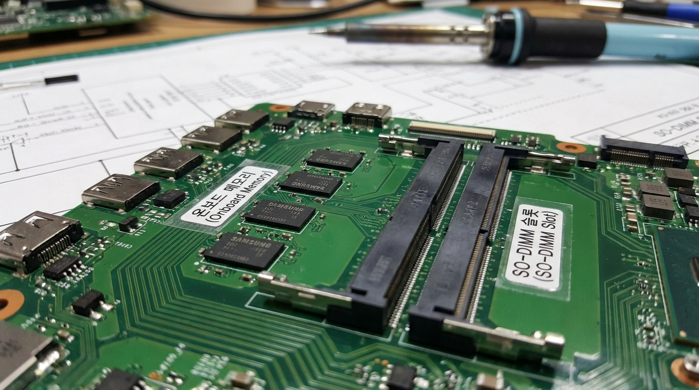 온보드 램과 슬롯 타입 램 구분을 위한 노트북 메인보드 모습