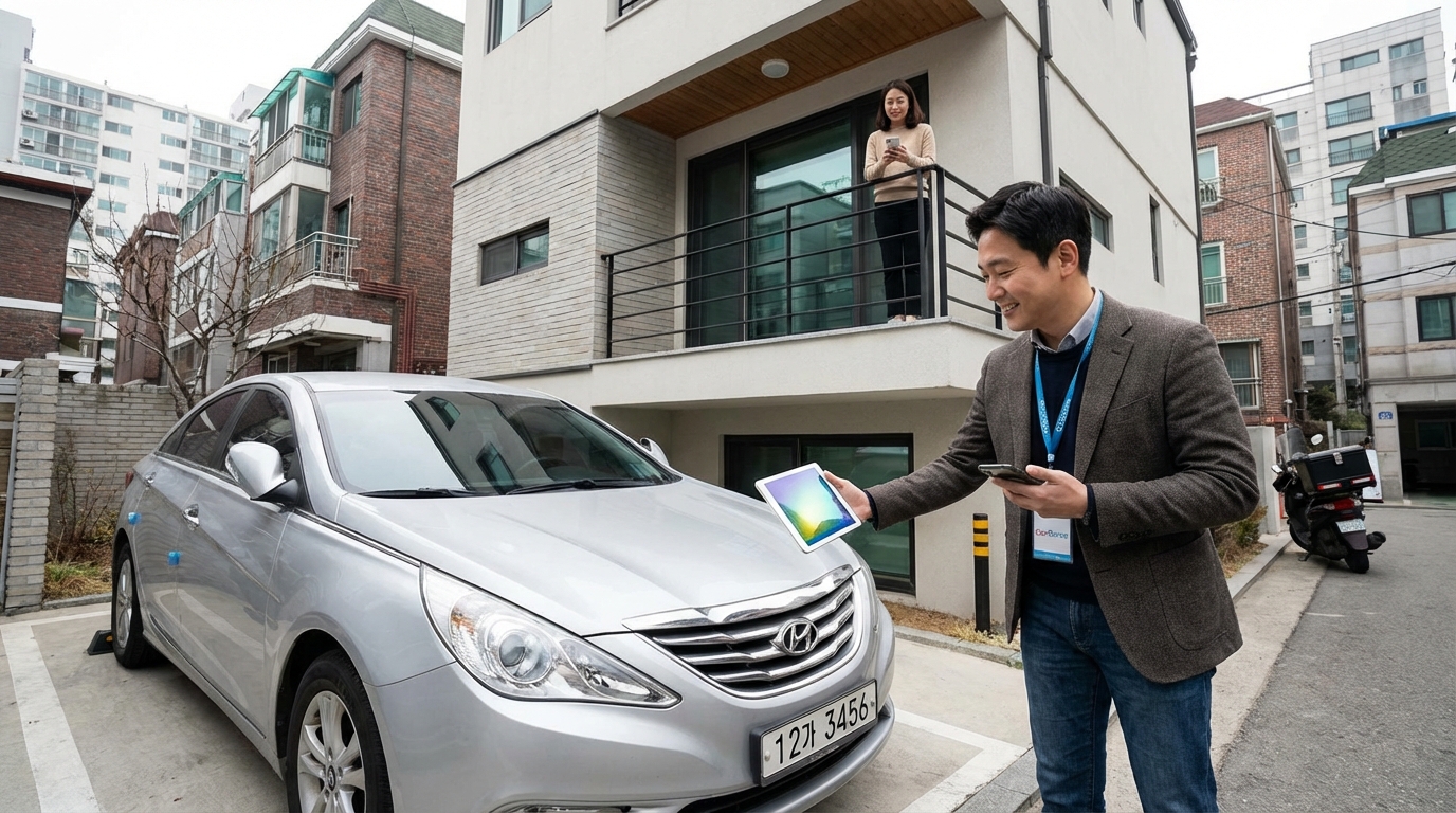 한국에서 전문 평가사가 비대면 내차팔기 서비스를 위해 고객 집에 방문해 차량을 검사하는 모습