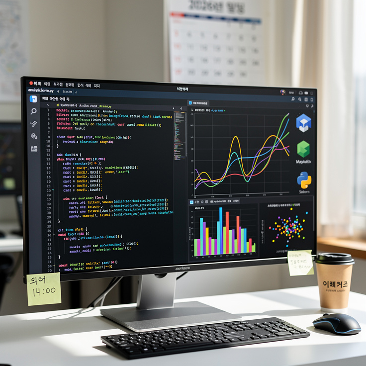 파이썬 주요 라이브러리를 활용한 데이터 분석 코드와 시각화 화면