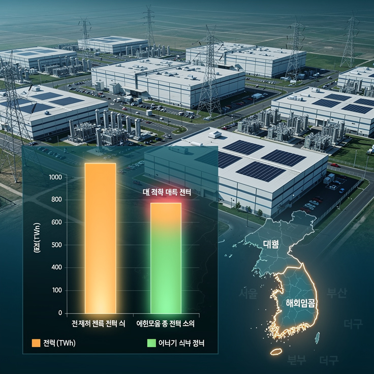 데이터센터의 전력 소비 규모를 한국과 비교하는 이미지