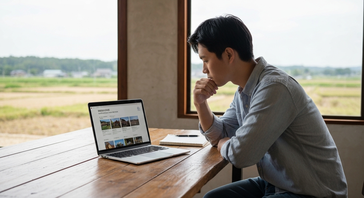 귀농 지역 선택을 위해 정보를 검색하고 계획을 세우는 사람의 모습.