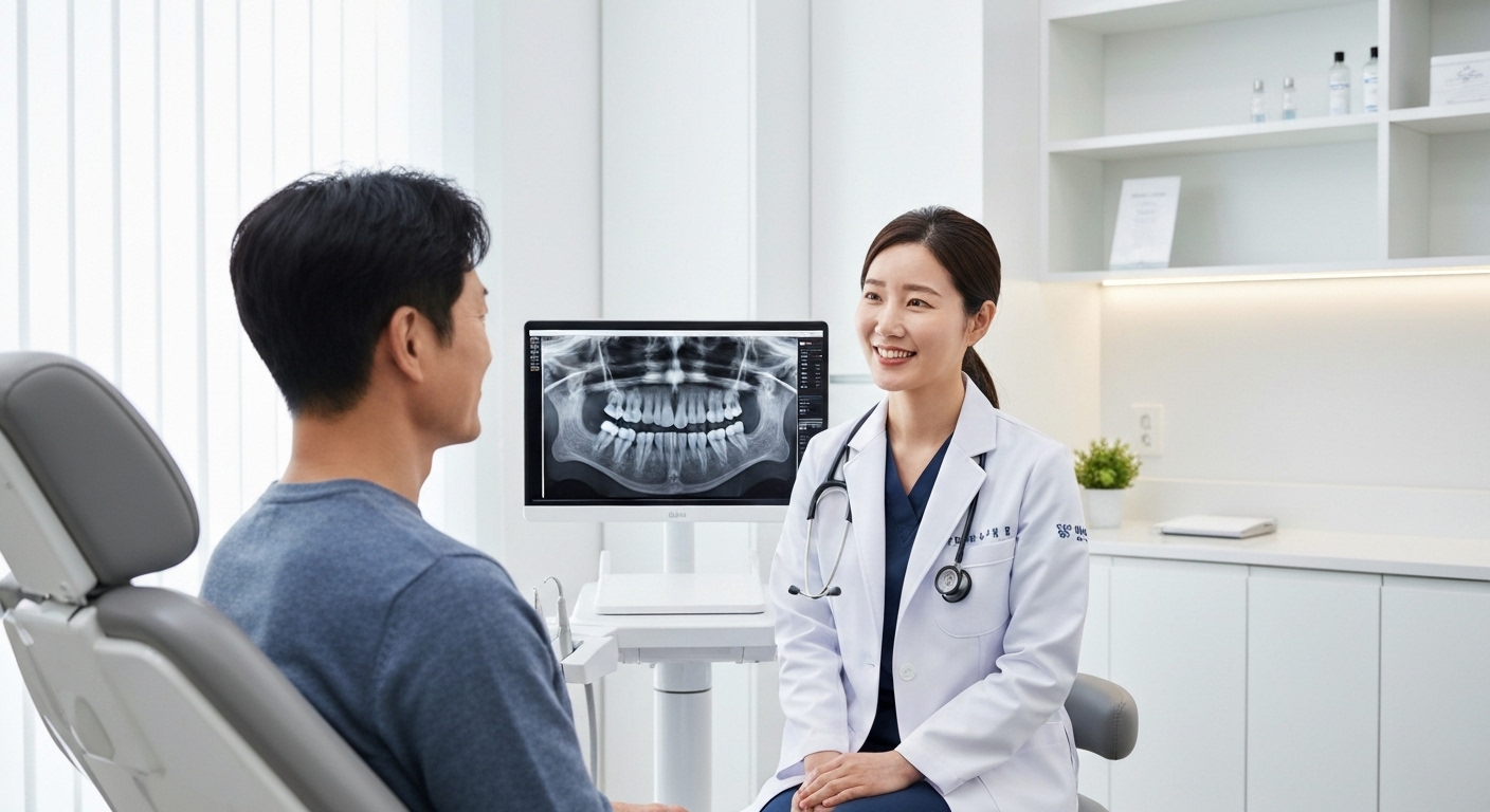 임플란트 시술 전 건강 상태 점검을 받는 한국 환자의 병원 내 전신 건강 검사 장면