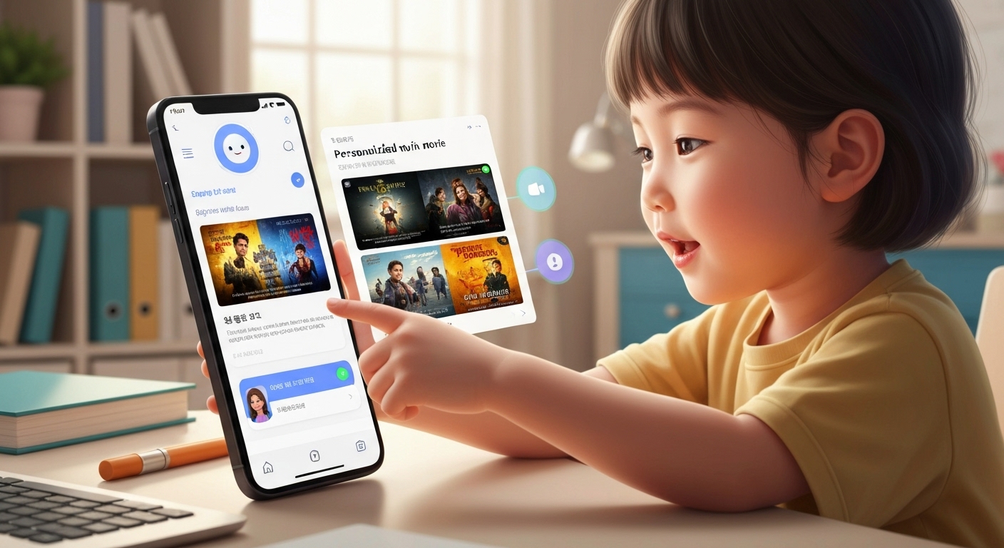 딥러닝 기술을 활용한 스마트폰 음성 비서와 영화 추천을 사용하는 한국 어린이의 실사 이미지