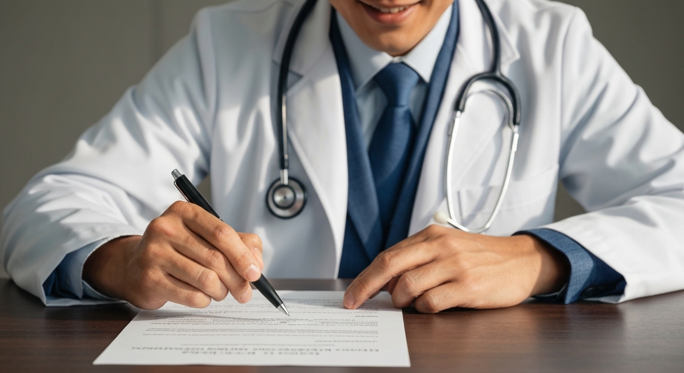 의사가 보장구 처방전을 작성하거나 설명하는 클로즈업 이미지.