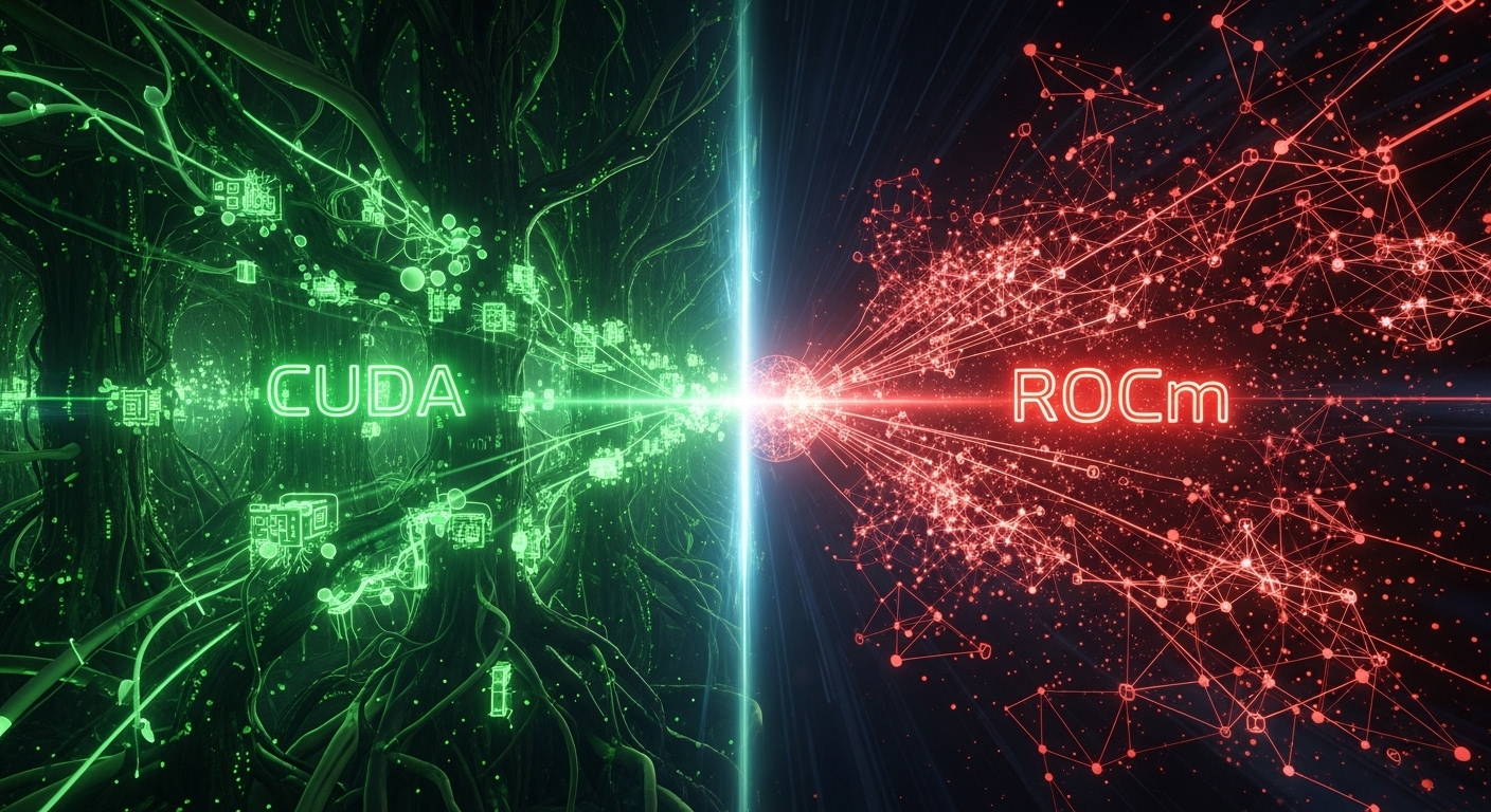 안정적인 NVIDIA CUDA 생태계와 빠르게 성장하는 AMD ROCm 생태계를 시각적으로 표현