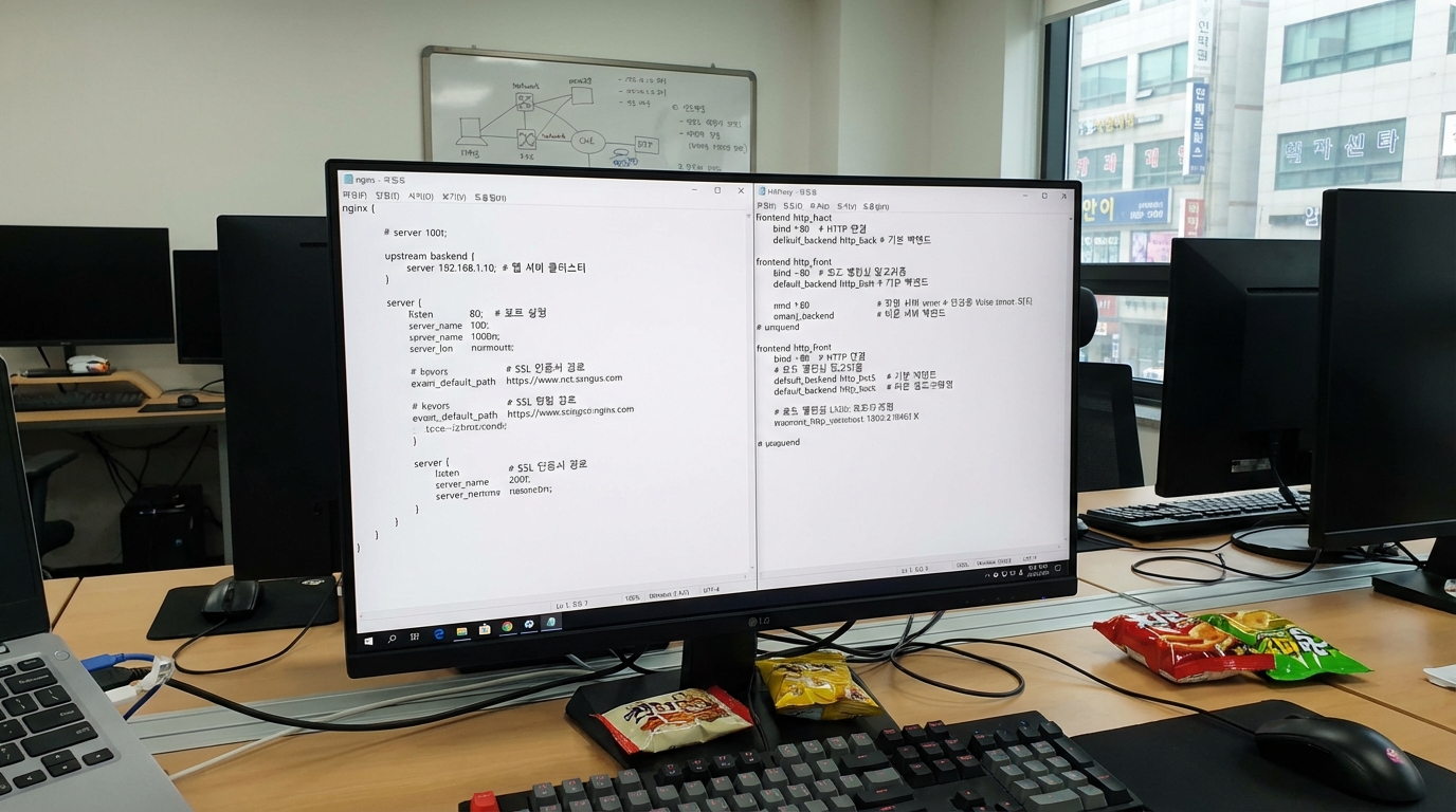 한국 IT 작업 환경에서 Nginx와 HAProxy 설정 파일을 모니터에 띄운 모습