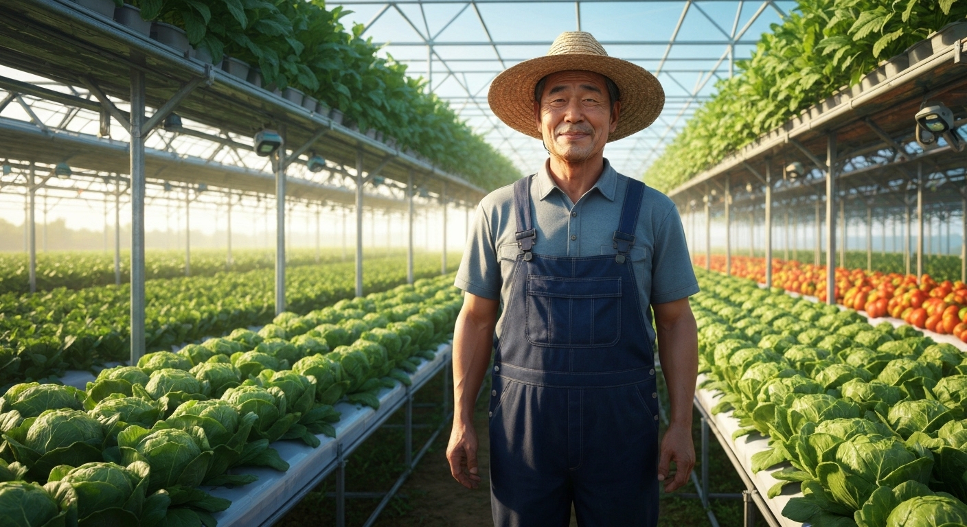 스마트팜에서 성공적으로 농사를 짓는 자부심 가득한 한국 농업인의 모습