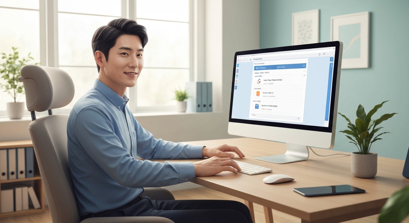 한국 소상공인이 비즈엑스퍼트로 간편하게 회계 업무를 하는 모습