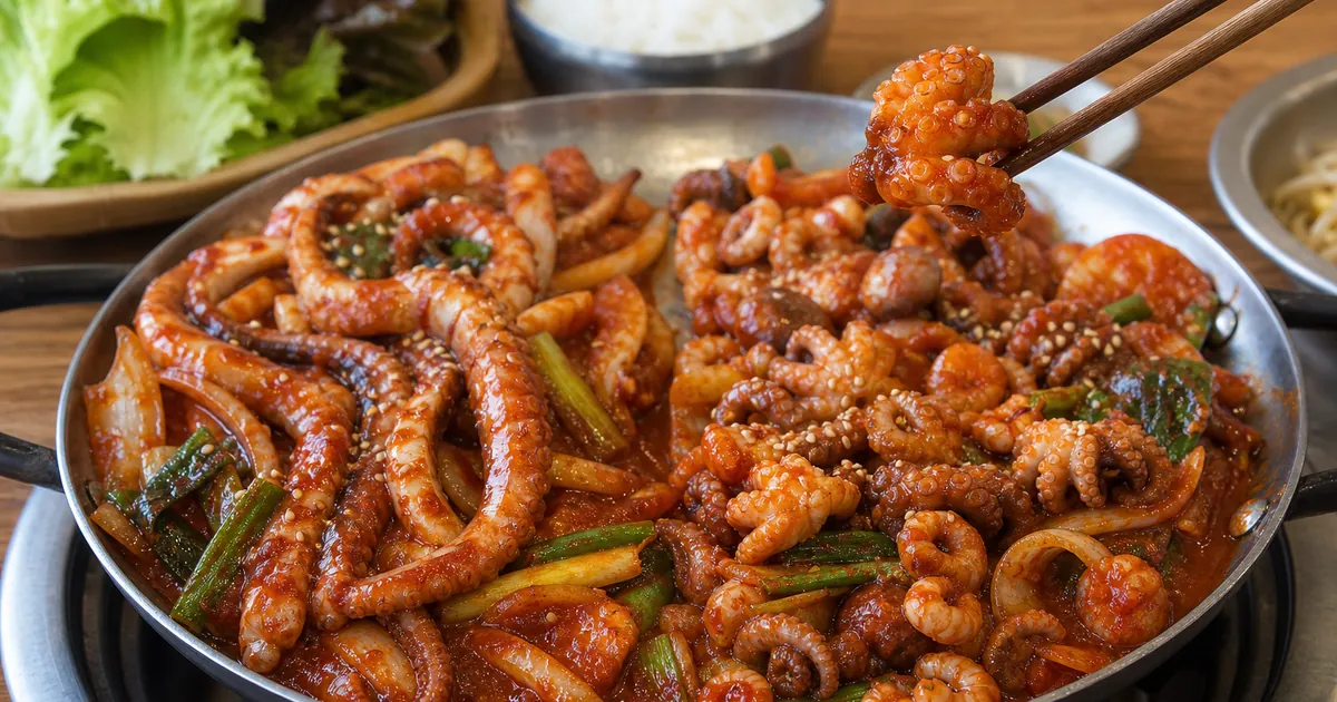 낙지볶음과 쭈꾸미볶음을 팬에 나누어 담아 식감과 양념 차이를 보여주는 매운 해산물 점심 장면