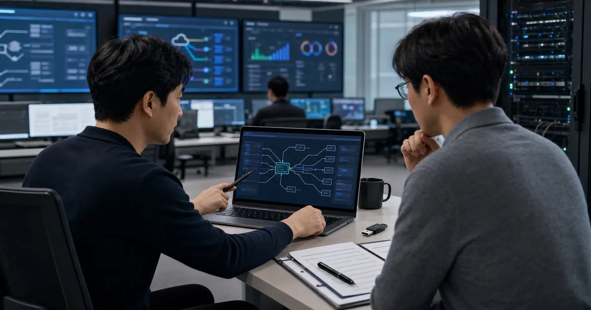 API 보안 게이트웨이 도입을 검토하는 보안 운영실과 API 트래픽 흐름 장면