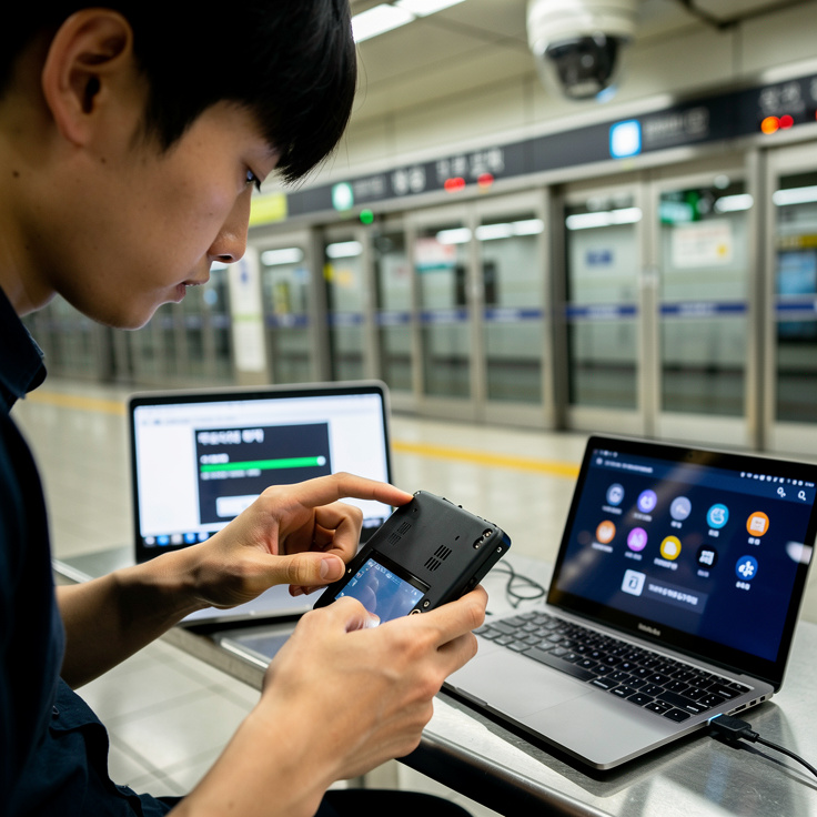 중고 PMP 기기 점검과 안전 거래를 하는 모습