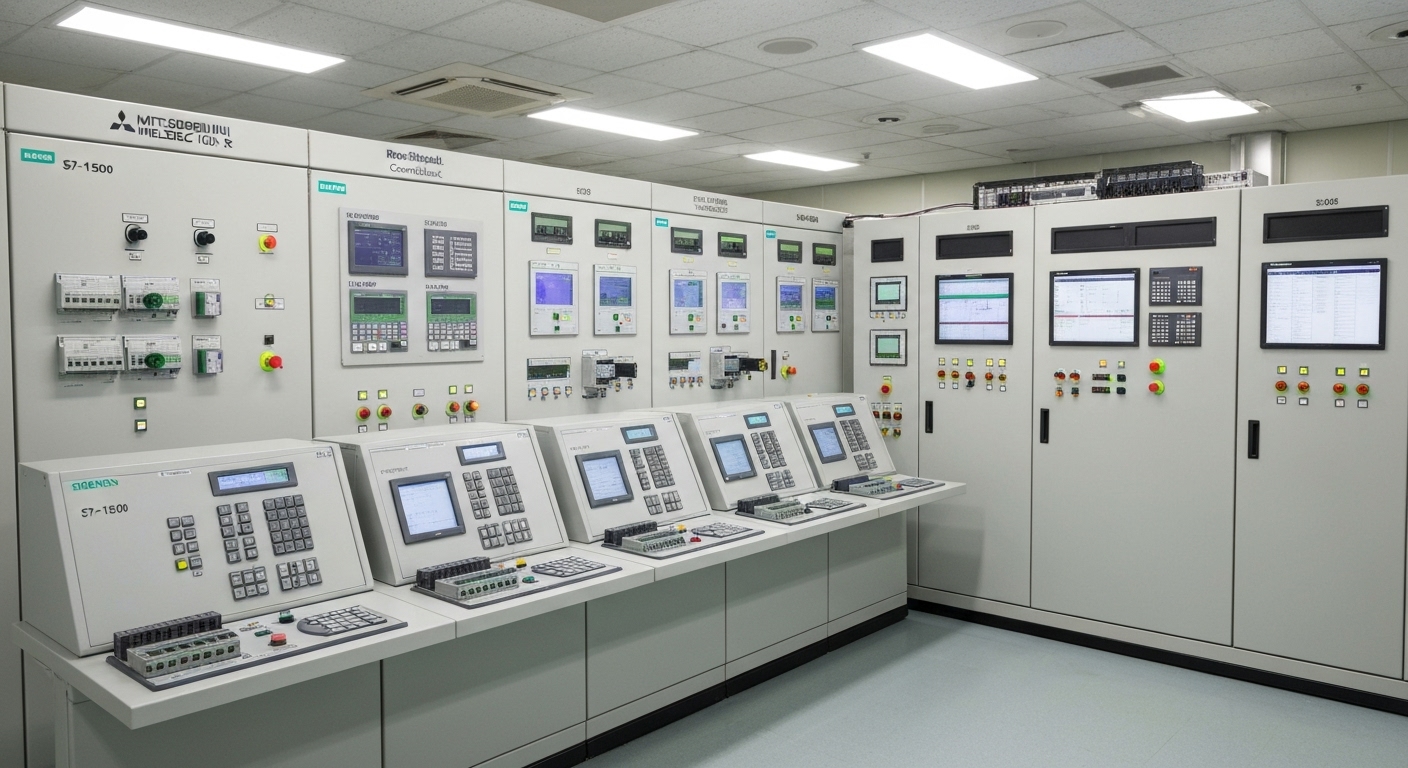 고성능 PLC 모델 지멘스 S7-1500, 로크웰 ControlLogix, 미쓰비시 MELSEC iQ-R, 한국 공장 제어실