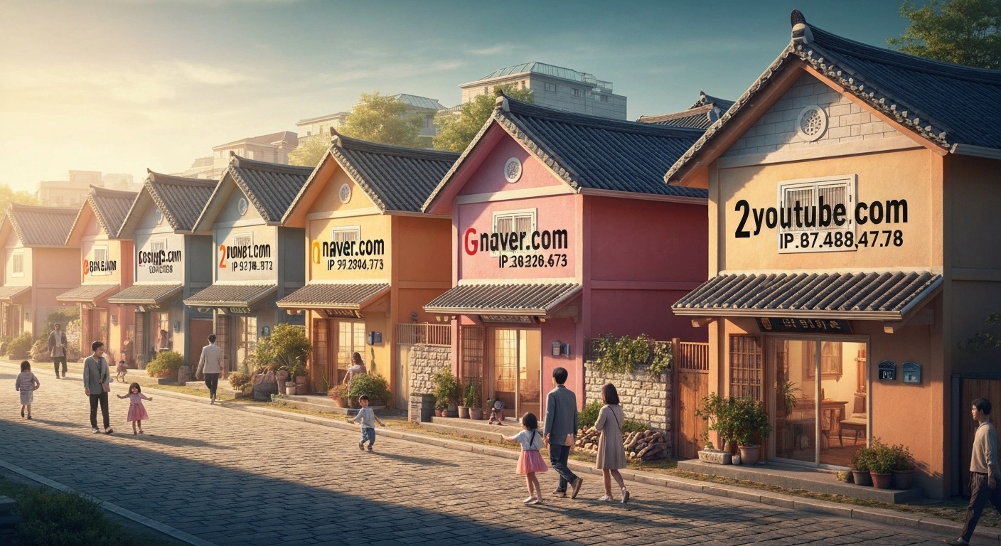 도메인을 집 주소에 비유한 도메인과 IP 주소가 표시된 집들의 모습