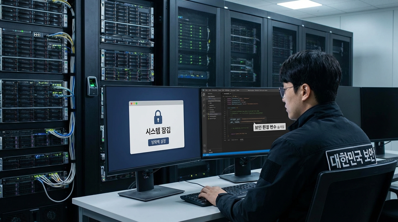 API 키 보안 및 방화벽 설정을 보여주는 서버실 이미지