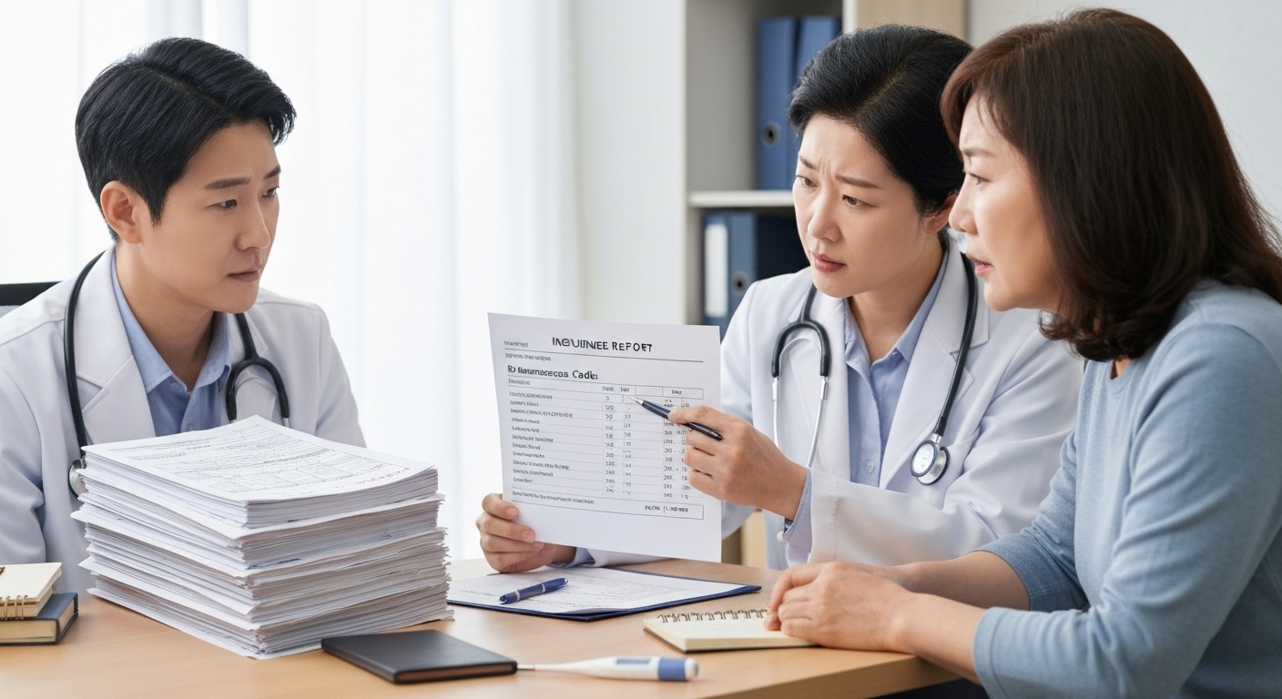 의학적 진단과 치료 목적에 따른 독감 검사 보험 청구 과정을 보여주는 한국 병원 장면