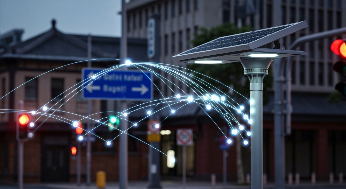 도시의 가로등과 건물들이 사물 인터넷 데이터로 연결되어 있는 모습을 시각화한 이미지