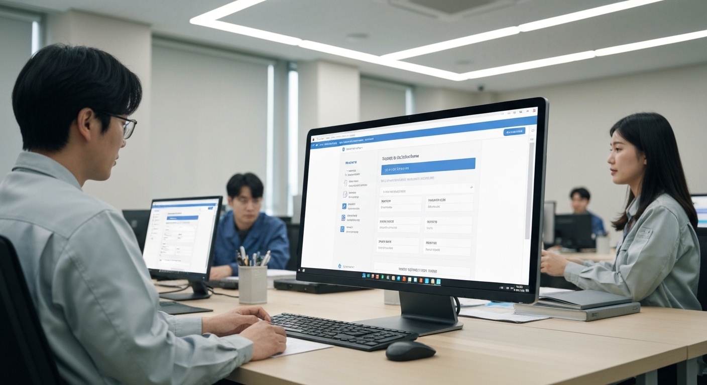 한국 중소 제조기업이 스마트공장 사업관리시스템 온라인 신청을 하는 모습