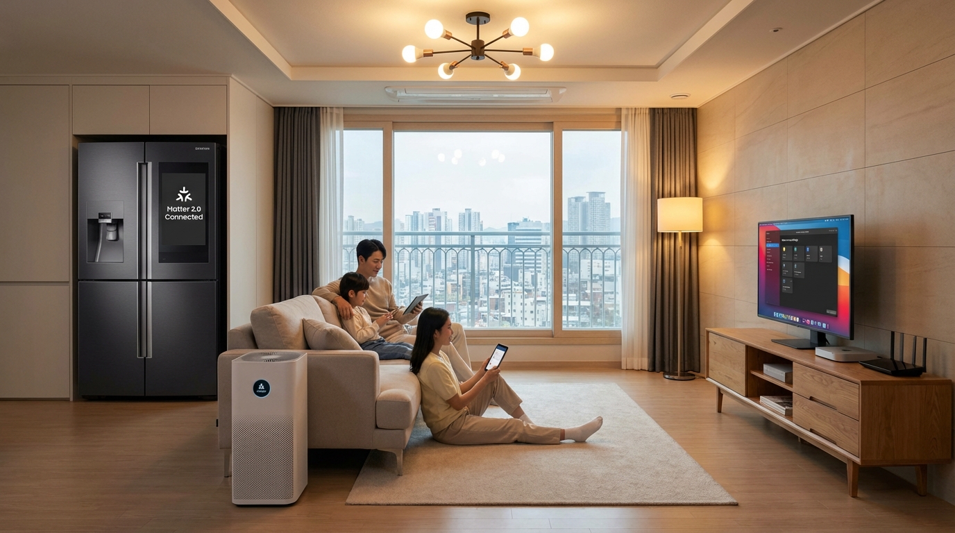 삼성 냉장고, 샤오미 공기청정기, 필립스 조명이 Matter 2.0으로 연결된 스마트홈과 맥 미니의 만능 통역사 역할을 시각화한 이미지