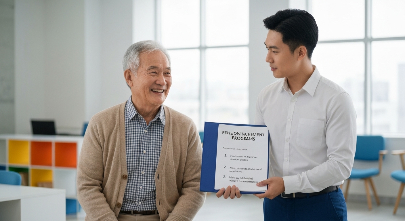 노인과 재정 상담가가 국민연금 증액 제도에 대해 상담하는 모습