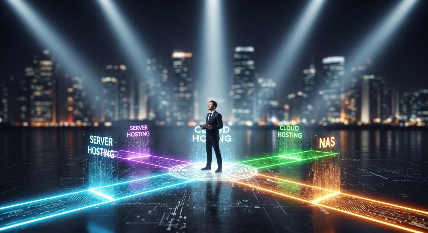 여러 갈래로 나뉘는 디지털 도로 앞에 서서 인프라 선택을 고민하는 개발자의 뒷모습