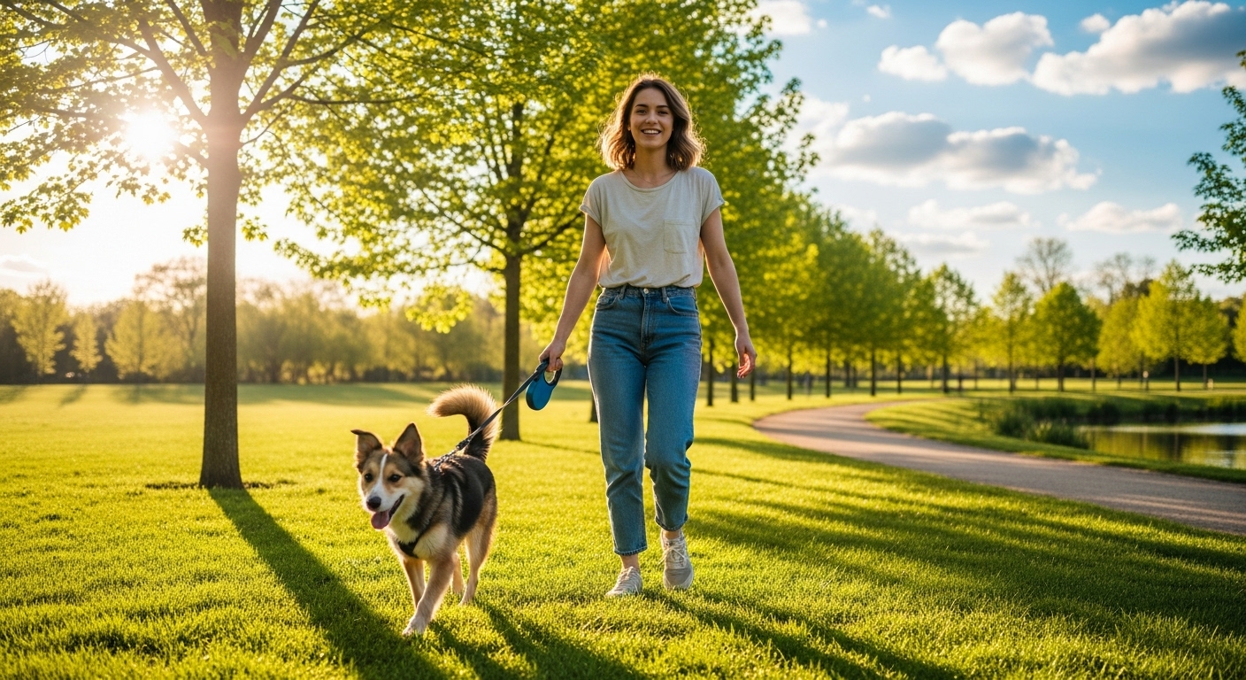 한 젊은 직장인이 주말에 유기견 보호소에서 강아지와 함께 산책하며 봉사하는 모습