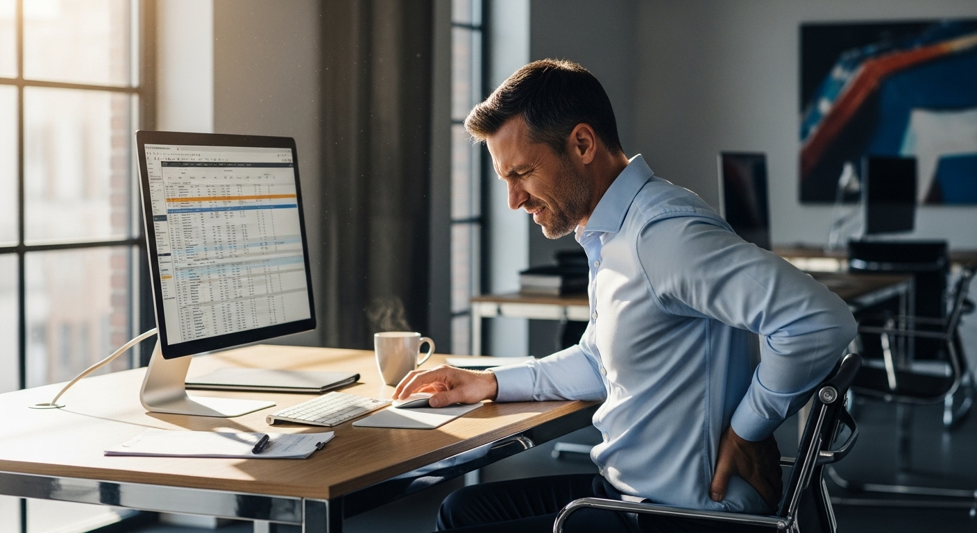 사무실 책상에 앉아 허리 통증으로 불편해하는 남성