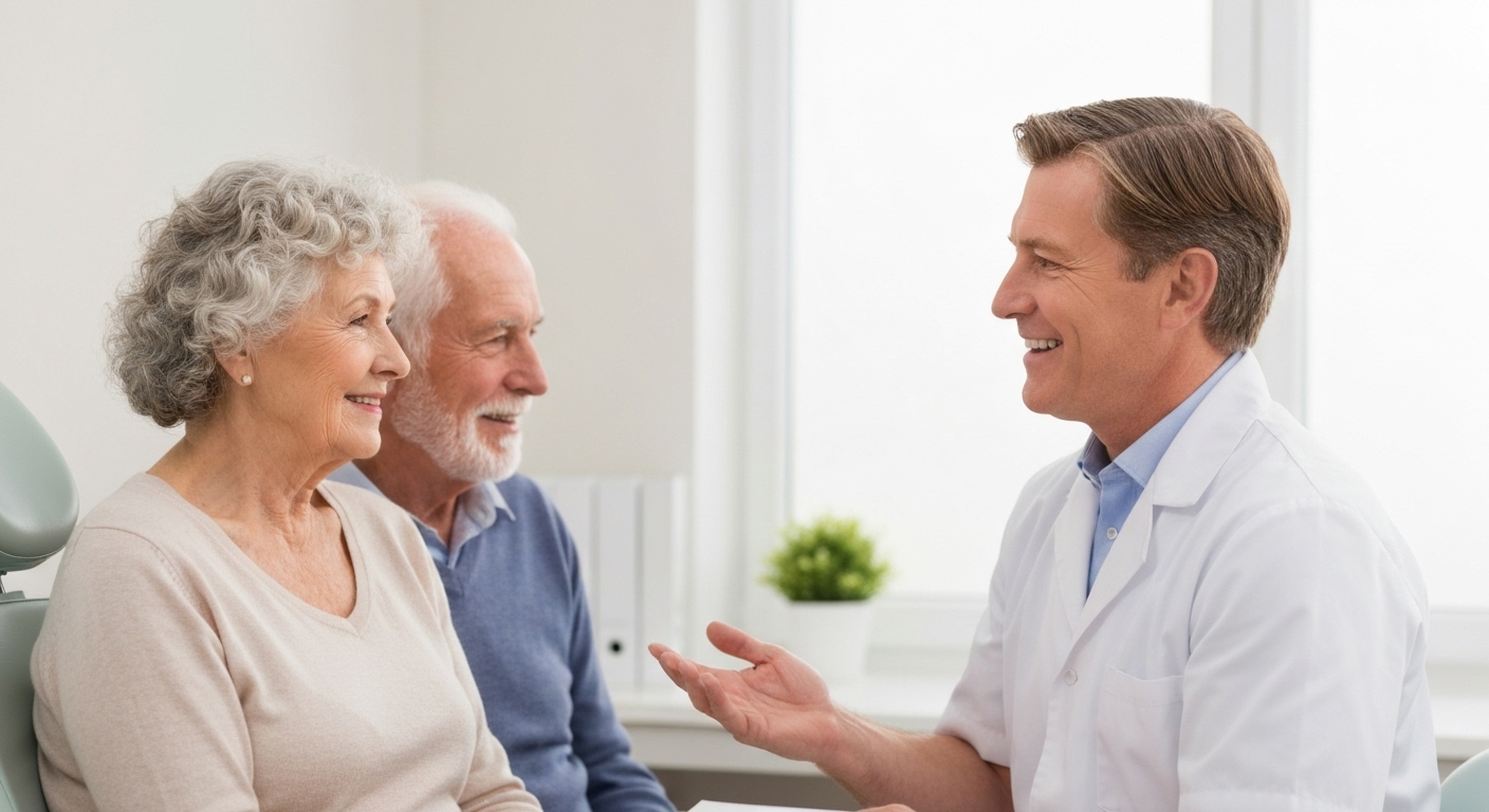 경험 많은 치과 의사와 상담하며 신뢰를 쌓고 있는 노부부