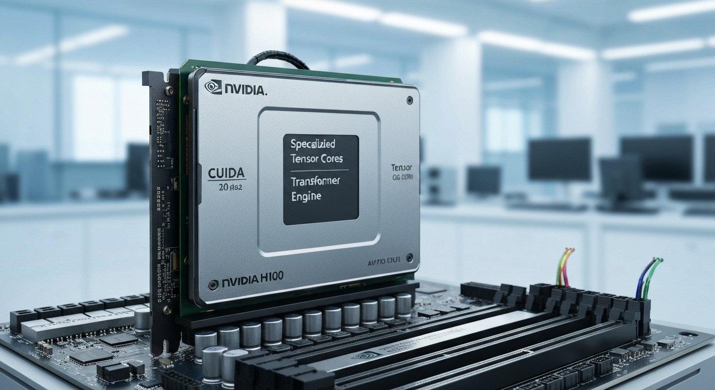 NVIDIA H100의 CUDA 코어, 텐서 코어, 트랜스포머 엔진이 강조된 모습