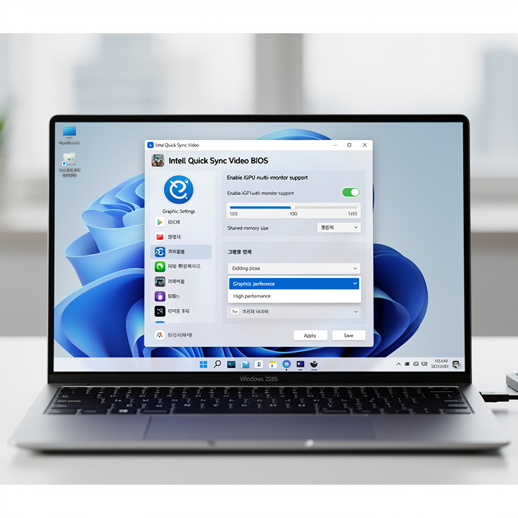 내장그래픽 최적화를 위한 인텔 퀵싱크 설정화면과 슬림형 한국노트북