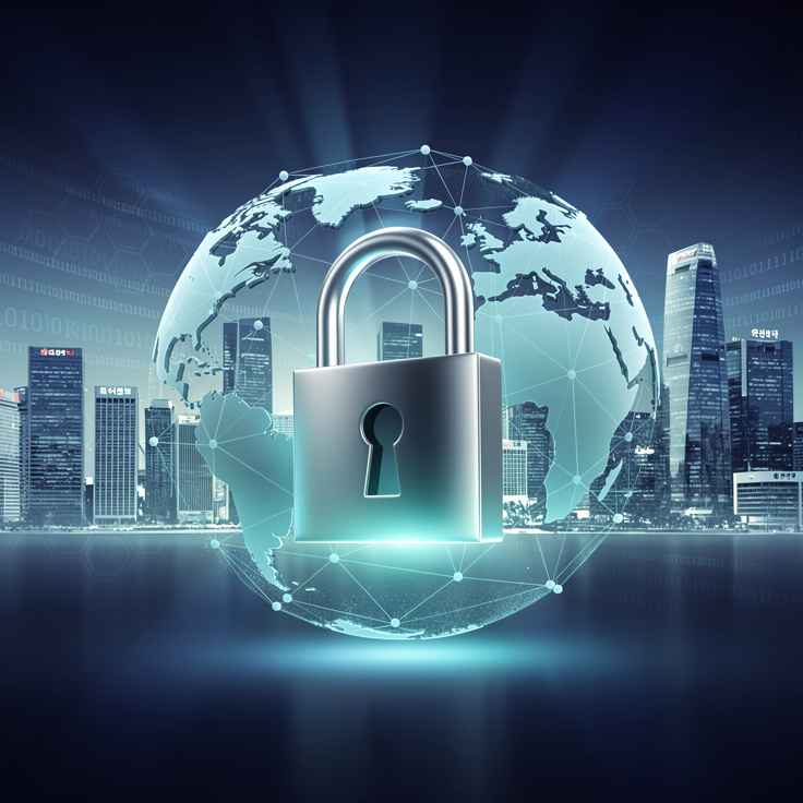 신뢰와 안전한 웹 환경을 상징하는 디지털 네트워크 지구 앞에 빛나는 자물쇠 이미지