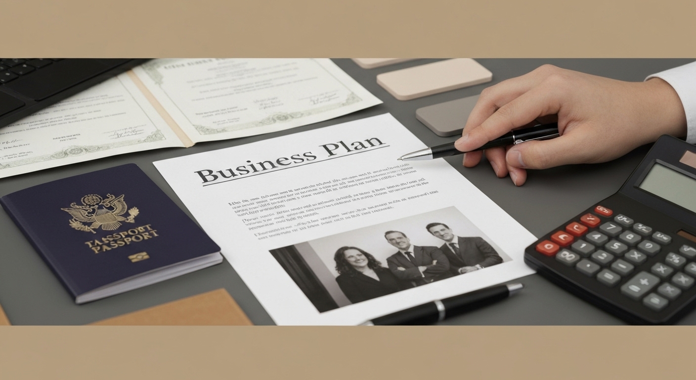 귀농·영농 사업계획서를 중심으로 신청에 필요한 서류들을 책상 위에 가지런히 정리해 놓은 모습