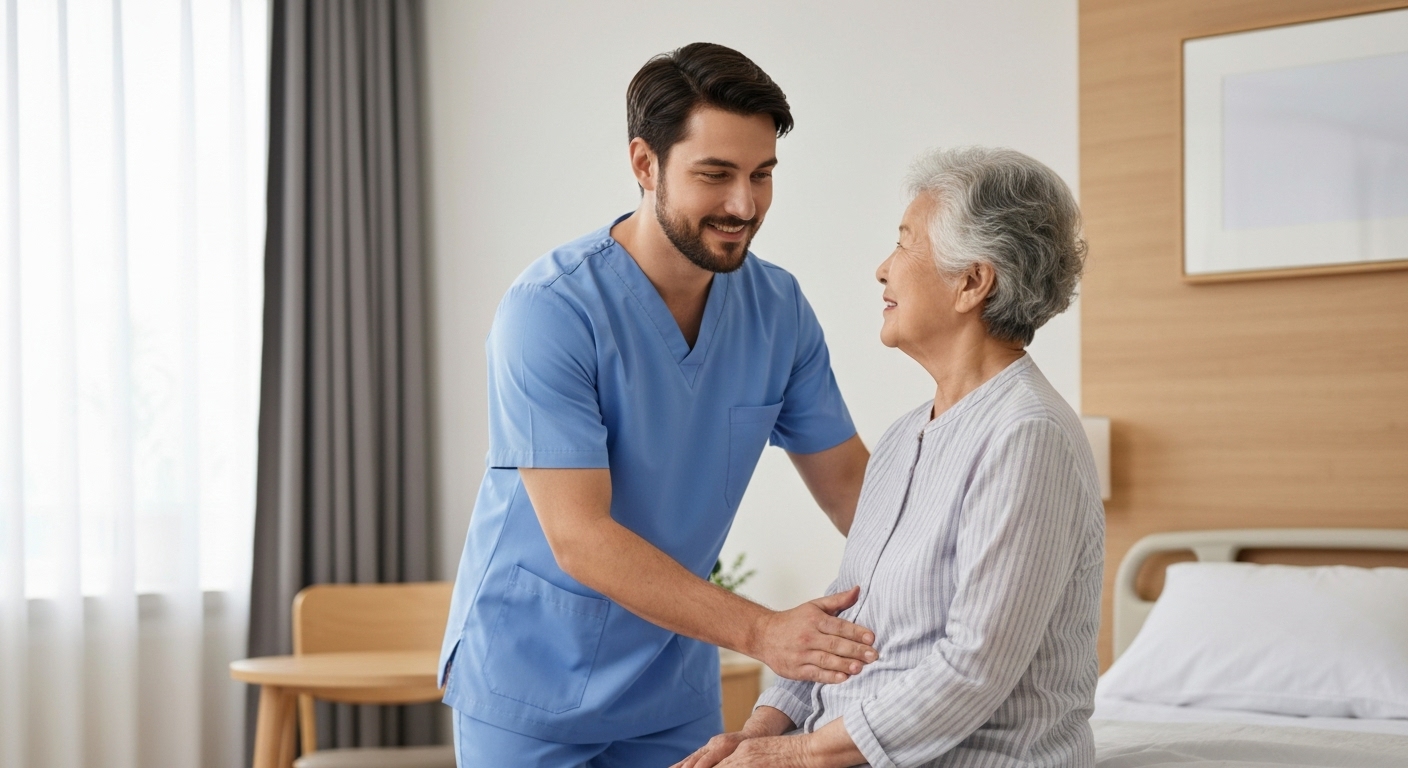 요양병원에서 간병 서비스를 제공받는 한국 노인의 모습