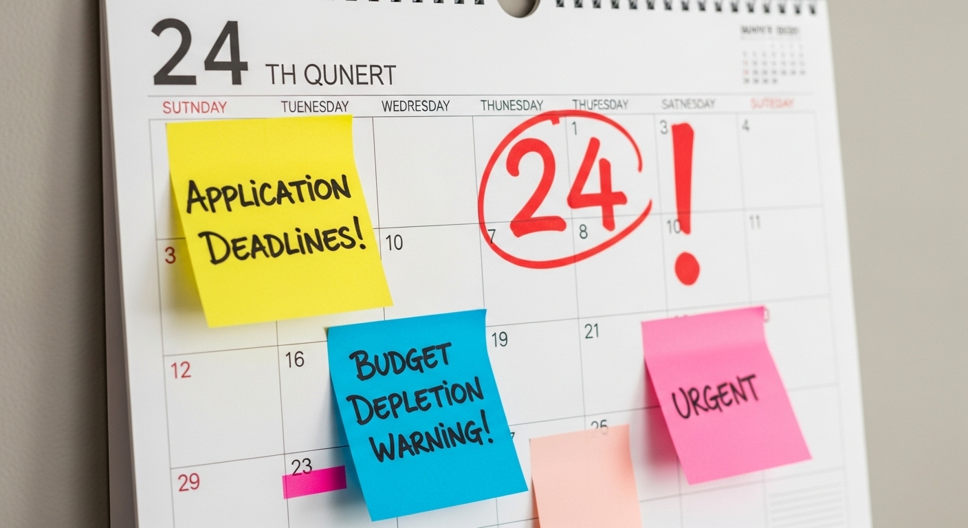 조기폐차 신청 시 주의해야 할 마감 기한과 예산 소진을 강조하는 달력 이미지.