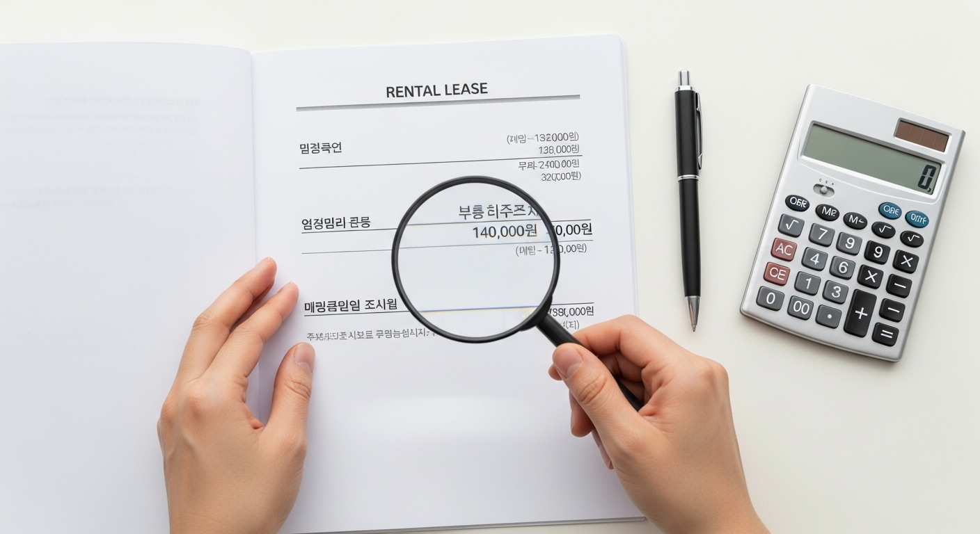 임대차계약서의 중요 조항을 돋보기로 꼼꼼히 확인하는 모습