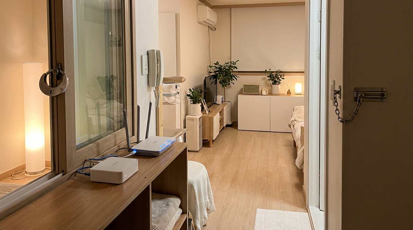 한국 자취방 내부에 설치된 네트워크 보안기기, 창문 이중 잠금 장치, 스마트 조명, 현관 이중 안전고리의 모습