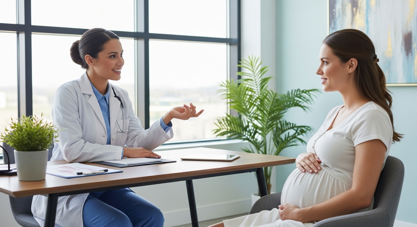 진료실에서 여성 의사와 임산부가 독감 예방접종에 대해 안심하고 상담하는 장면