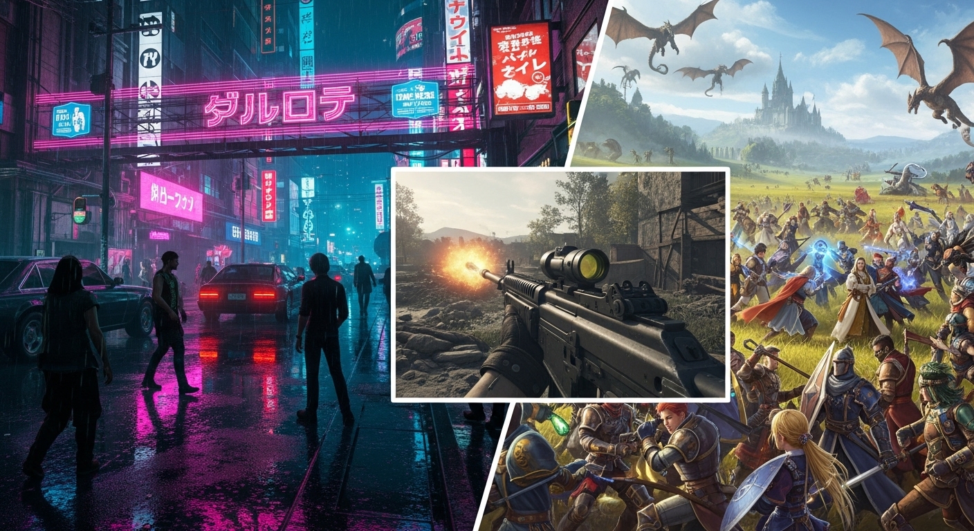 사이버펑크, FPS, MMORPG 등 다양한 장르의 게임 장면을 보여주는 콜라주 이미지