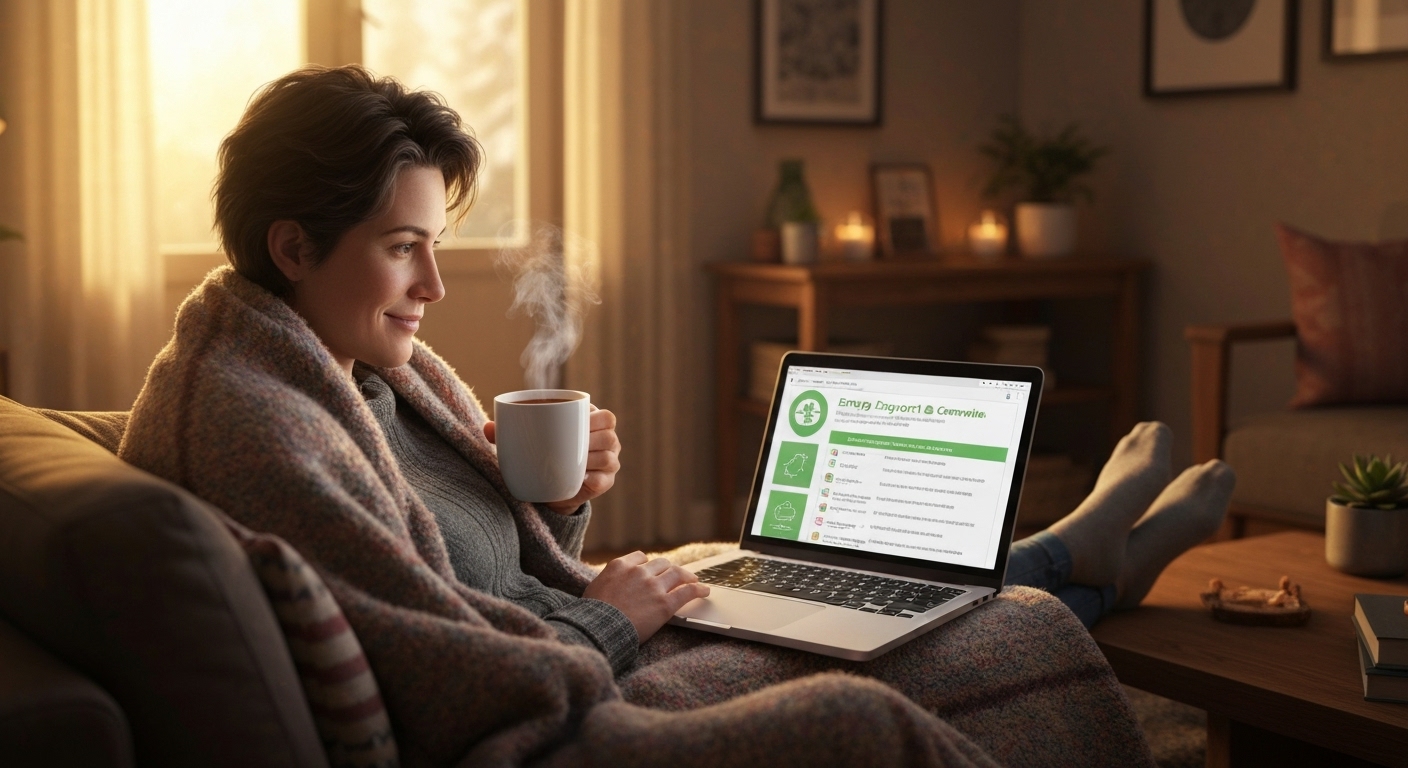 겨울철 집 안에서 따뜻한 차를 마시며 난방비 지원 제도에 대해 알아보는 사람